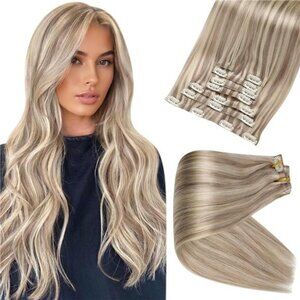 Full Shine Ash Blonde Clip in Extensions Human Hair 22 Inch Pu Weft Real Hair